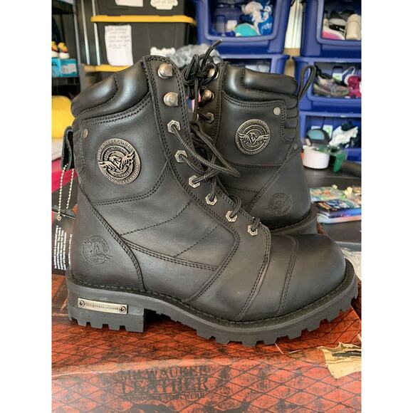 Milwaukee Leather Men's 8" Motorcycle Logger Boot w/ Cap Toe Lace Up Sz 7.5 - Picture 2 of 16